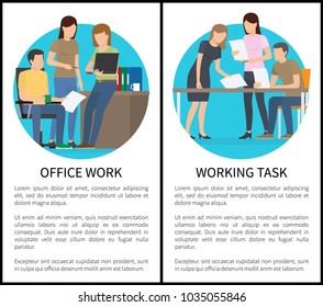 Two office work and working task bright cards, framed vector illustration with busy men and women standing and sitting by tables, lot of white papers