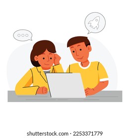 Dos trabajadores de oficina intercambian ideas o discuten sobre su trabajo frente a la laptop.