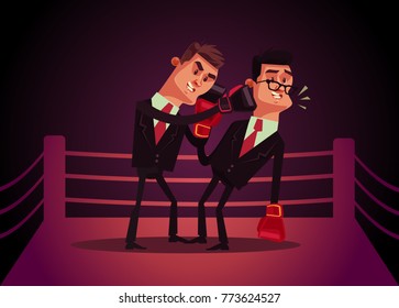 Two office workers businessman characters boxing. Vector cartoon illustration