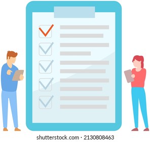 Two office workers check checklist mark completion of tasks and plans. People with pen and clipboard. To do list concept. Sociological or business survey, questionnaire, self-control and discipline