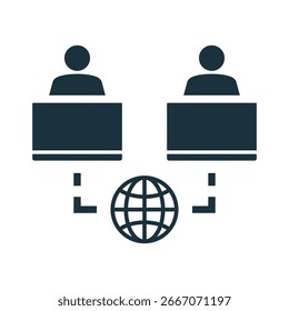 Two office workers connecting through a global network, symbolizing remote work and international collaboration