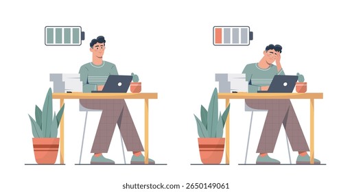 Two office workers at desks with laptops, one energetic and one exhausted, shown with battery icons, flat style on white background. Concept of work fatigue. Vector illustration
