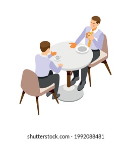 Two office workers having lunch break isometric icon on white background vector illustration