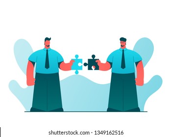 Two Office Workers Holding Pieces of Puzzle. Abstract Style. Vector Illustration