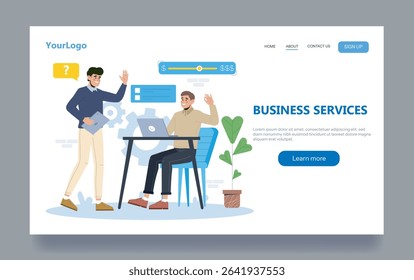 Two office workers interacting near a laptop with UI elements, flat graphic style on a white background. Concept of teamwork and digital business services. Vector illustration