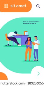 Two office workers looking at sleepy colleagues. Exhausted employee sleeping at workplace flat vector illustration. Lazy worker, burnout concept for banner, website design or landing web page