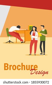 Two office workers looking at sleepy colleagues. Exhausted employee sleeping at workplace flat vector illustration. Lazy worker, burnout concept for banner, website design or landing web page