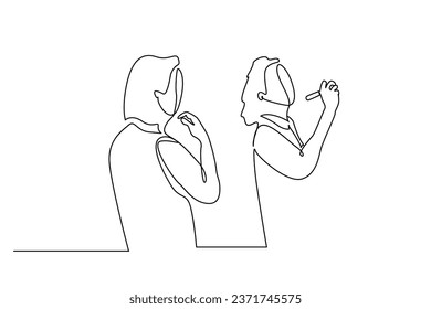 dos trabajadores de oficina se reúnen escribiendo sobre el diseño de arte de la línea de negocios del tablero