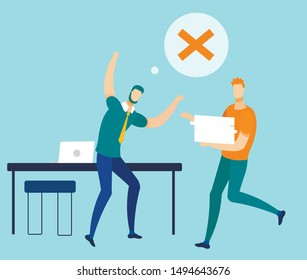 Two Office Workers. Misunderstanding, Disagree and Forbiddingness. Stressed Executive Manager with Raised Hands. Coworker Carries Box. Not Allow Sign. Incorrect Work. Vector Flat Cartoon Illustration