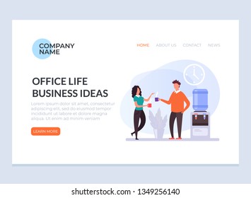 Two office workers people businessman characters drinking coffee and talking. Office life and business ideas graphic design banner poster web page concept illustration