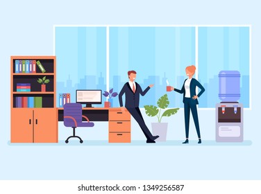 Two office workers people businessman characters drinking coffee and talking. Office life and business ideas situation concept. Vector flat graphic design cartoon isolated illustration