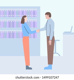 Two office workers shaking hands at the office. A business man and woman in a suit are shaking hands. Flat vector illustration