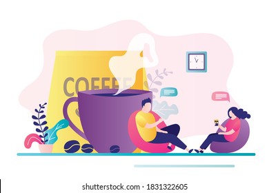 Two office workers sitting and chatting at lunch. Business people drinks coffee and communicate. Big cup of coffee on background. Office break and lunchtime in company. Trendy flat vector illustration