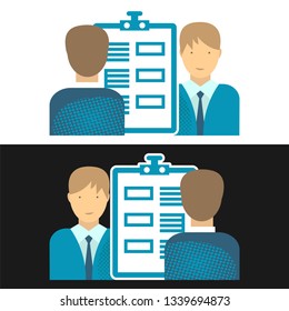 Two office workers with a stylized image of a business folder. Flat icon, sign, symbol, emblem. Vector illustration