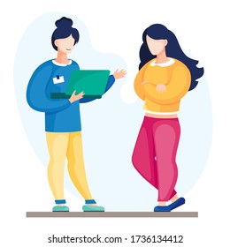 Two office workers talking, discussing new project. Girl with laptop tell information to colleague. Worker talk with boss, isolated cartoon characters at white background. Partners planning strategy