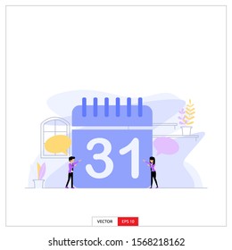two office workers were enthusiastic when they saw the calendar that had arrived at the end of the year. Vector illustration flat design style.