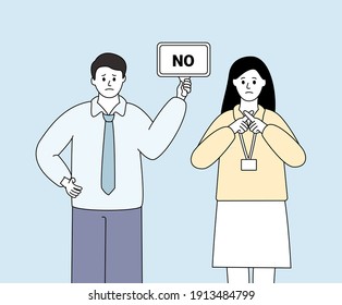 Two Office Workers Who Disagree With Others Illustration Set. Gesture, Angry, No, Sign. Vector Drawing. Hand Drawn Style.