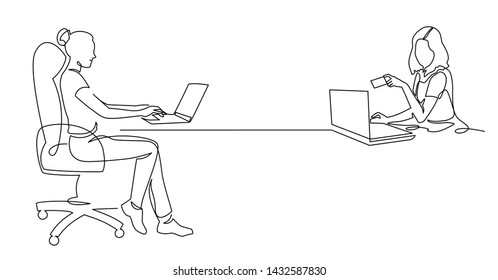 Two Office Workers At Work Using Laptop Continuous One Line Drawing. Female Designer Sitting In Chair And The Client Pays For The Work Online . Woman Holding Credit Card. Online Shopping, E-commerce