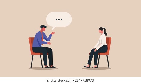 Two officer sitting and talking face to face with a speech bubble, concept of active listening, mutual understanding, empathy, and meaningful communication in the workplace, vector flat  illustration