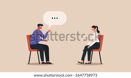 Two officer sitting and talking face to face with a speech bubble, concept of active listening, mutual understanding, empathy, and meaningful communication in the workplace, vector flat  illustration