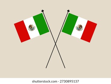 Dos banderas oficiales de México cruzadas en una Ilustración vectorial simbólica, representando el patriotismo para eventos nacionales o culturales..