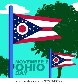 Two Ohio flags flying in a field with trees on a clear cloudy sky with bold text to commemorate Ohio Day on November 2