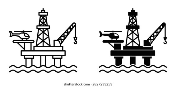 Two oil rig platform icons, one in outline style and one in solid black style, featuring a helicopter on a landing pad and a crane, isolated on white background.
