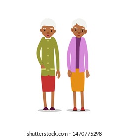 Two old african women, design for any purposes. Senior couple smiling. Retirement age. Happy attractive lifestyle. Female symbol. Cartoon illustration isolated on white background in flat style.
