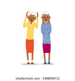Two old african women, design for any purposes. Senior couple smiling. Retirement age. Happy attractive lifestyle. Female symbol. Cartoon illustration isolated on white background in flat style.
