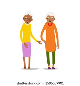 Two old african women, design for any purposes. Senior couple smiling. Retirement age. Happy attractive lifestyle. Female symbol. Cartoon illustration isolated on white background in flat style.
