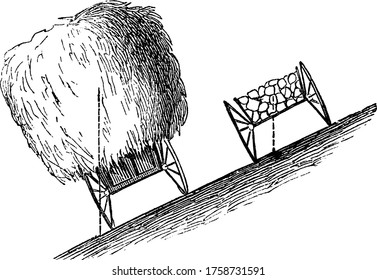 Two Old Cart at some inclination, one filled with dried grass and other filled with stones, vintage line drawing or engraving illustration.