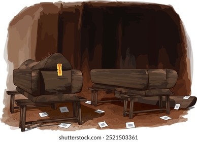 Two old Chinese coffins were placed on wooden stools. One of them had a Fu (yellow talisman) affixed to the coffin. Hell money was scattered across the floor. A ghost stood beside the coffin.