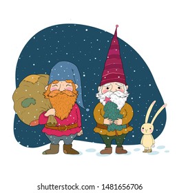two old Christmas gnomes and a hare. New Year card