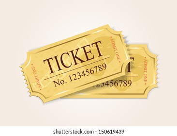 Two old cinema tickets isolated on a white background, illustration.