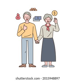Two old couples holding hands and making a happy gesture, with money icons around them. outline simple vector illustration.