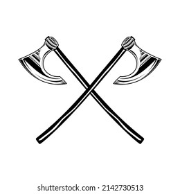 Two old crossed axes, black sign on a white background, vector illustration