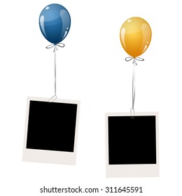 two old empty photos hanging on flying colored balloons