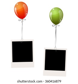 two old empty photos hanging on flying colored balloons