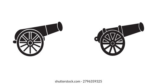 Two old fashioned cannons with wheels on white background historical artillery pieces