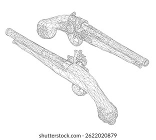 Dos pistolas antiguas se muestran en un dibujo en blanco y negro. Las armas están colocadas de manera que parecen apuntarse unas a otras. La escena es tensa y seria