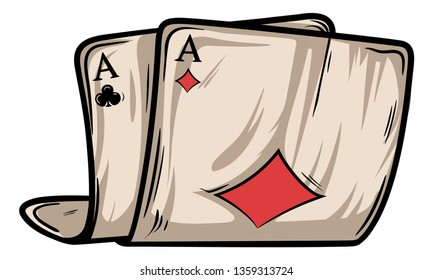 Two old folded poker cards vector with shadows and lights. Diamond and spades aces.