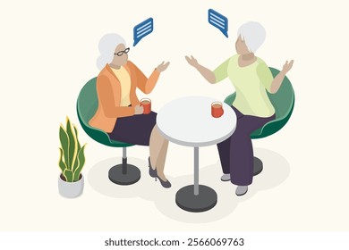 Two old friends having nice chat at cafe. Elderly women drink tea or coffee, discussing latest news. Isometric flat vector illustration