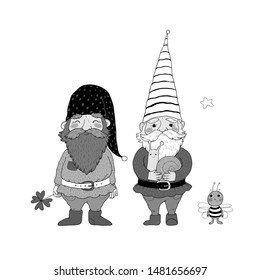 Two old garden gnomes and a bee