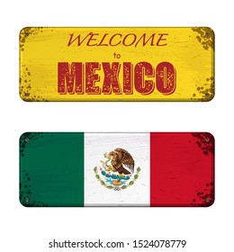 Two old grunge nameplates with Mexico flag and welcome text