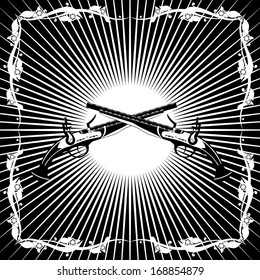 Two old gun on the background of diverging rays. Black and white illustration.