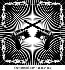 Two old gun on the background of diverging rays. Black and white illustration.