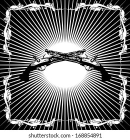 Two old gun on the background of diverging rays. Black and white illustration.