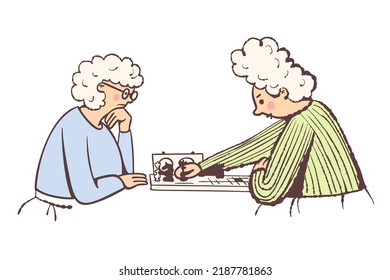 Zwei alte Damen spielen Schach.  Vektorgrafik mit Cartoon-Stil.