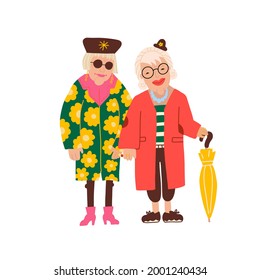 Two old ladies wearing qute fashomable clothes. Cute funny elder female charactersin bright coats. Active lifestyle. Flat vector illustration.