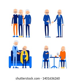 Two old men. Elderly caucasian people outdoors. Happy retirement. Smiling grandfathers sitting. Pensioners spend their leisure time together. Illustration isolated on white background in flat style.
